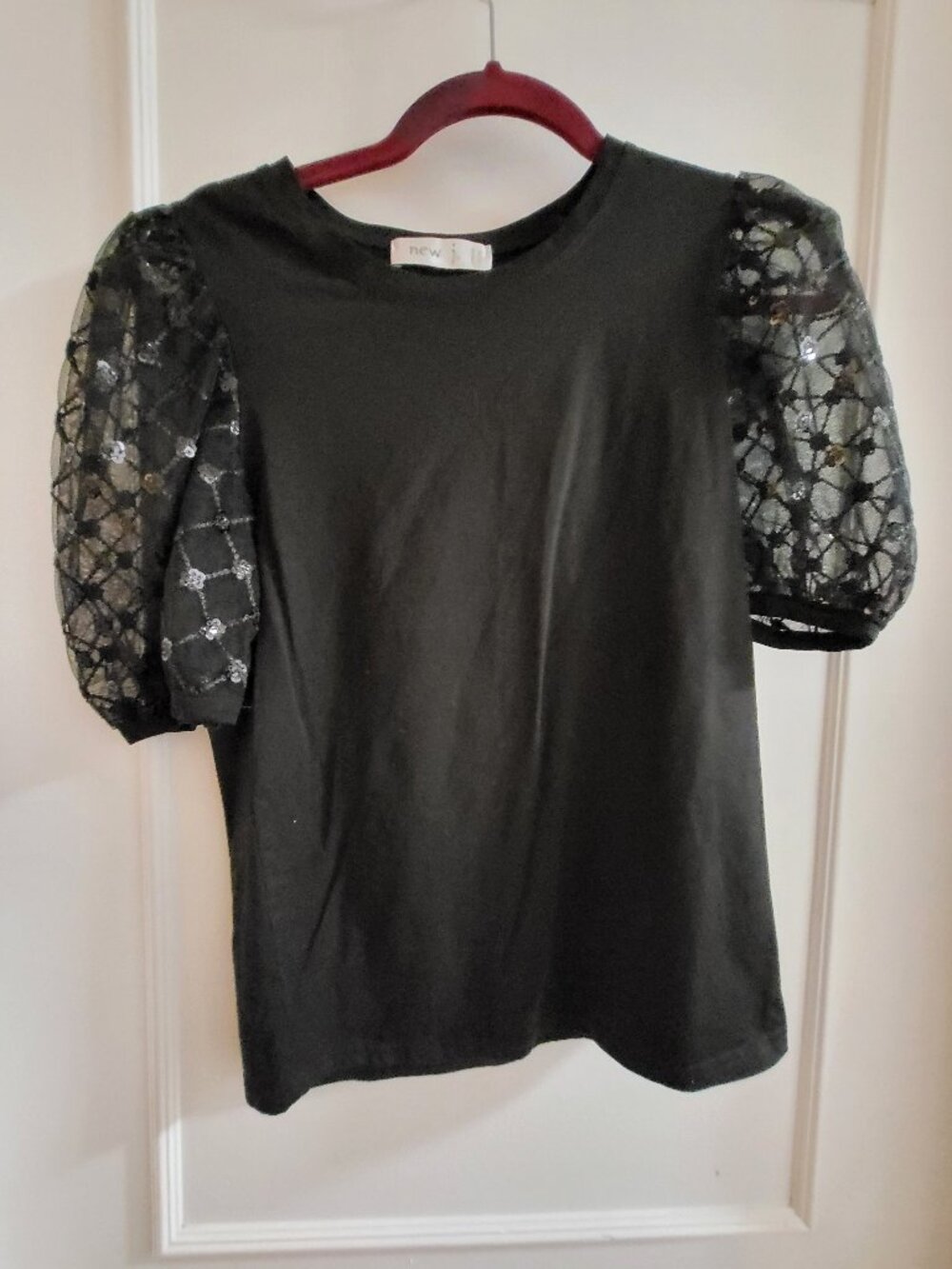 New J Italian Style Black Knit Top with Floral Sequin Mesh Puff Sleeves - Medium